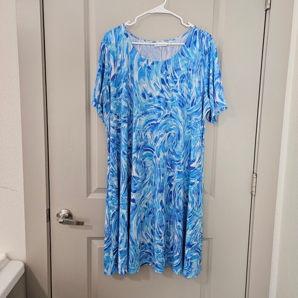 Susan Graver Liquid Knit Blue White Swirl Print Pocket Dress 2XP Plus Petite